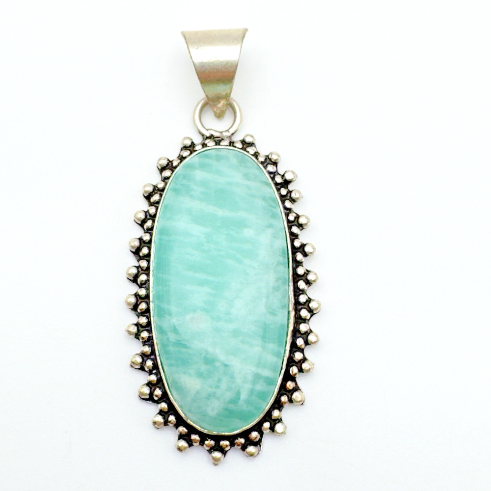 Amazonite Blue Gemstone Pendant Southwest Style Sterling Silver Plated 2"